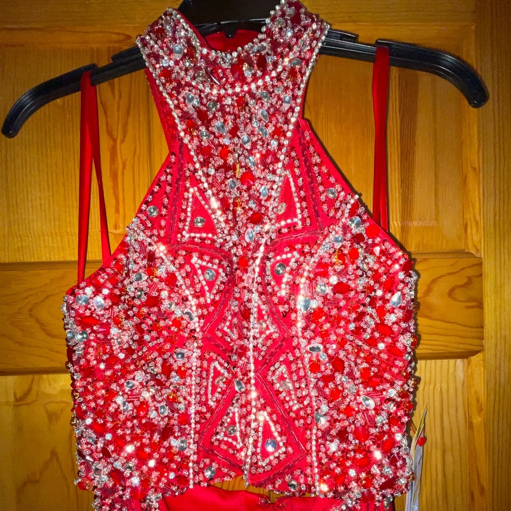 Two Piece Red Beaded Formal Prom Dress